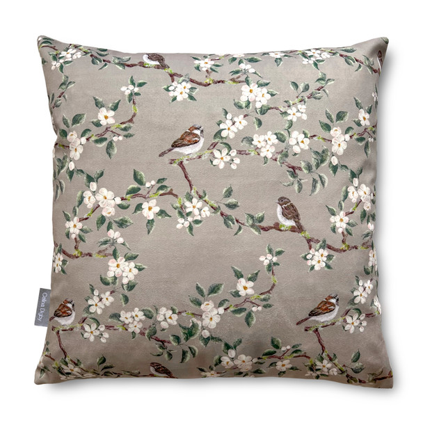 Luxury Super Soft Velvet Cushion - Orchard Blossom Taupe - Available in 3 Sizes, Square and Rectangular, Floral Design with Sparrows