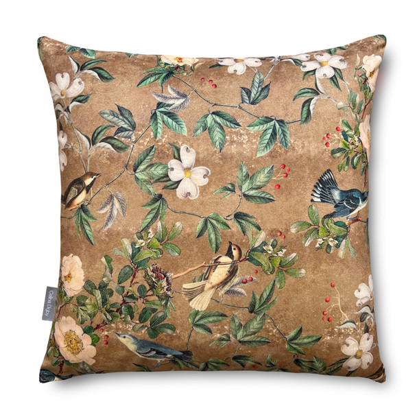 Luxury Super Soft Velvet Cushion - Wild Rose Antique Gold, Birds & Floral Design - Available in 3 Sizes, Square and Rectangular