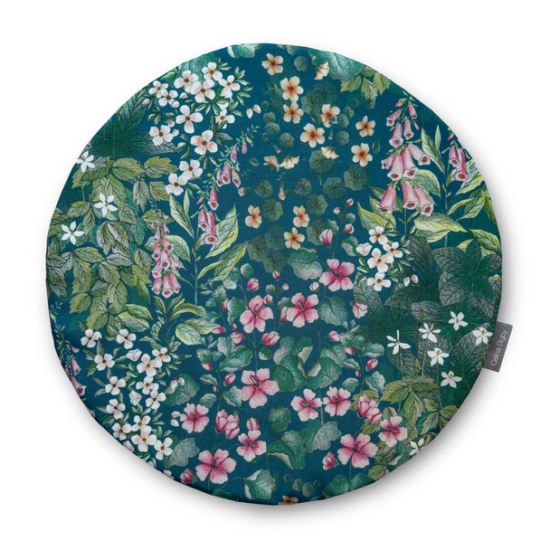 Circular / Round (38cm) Water Resistant Garden Seat Pad - Cottage Garden Teal, Traditional Floral Design