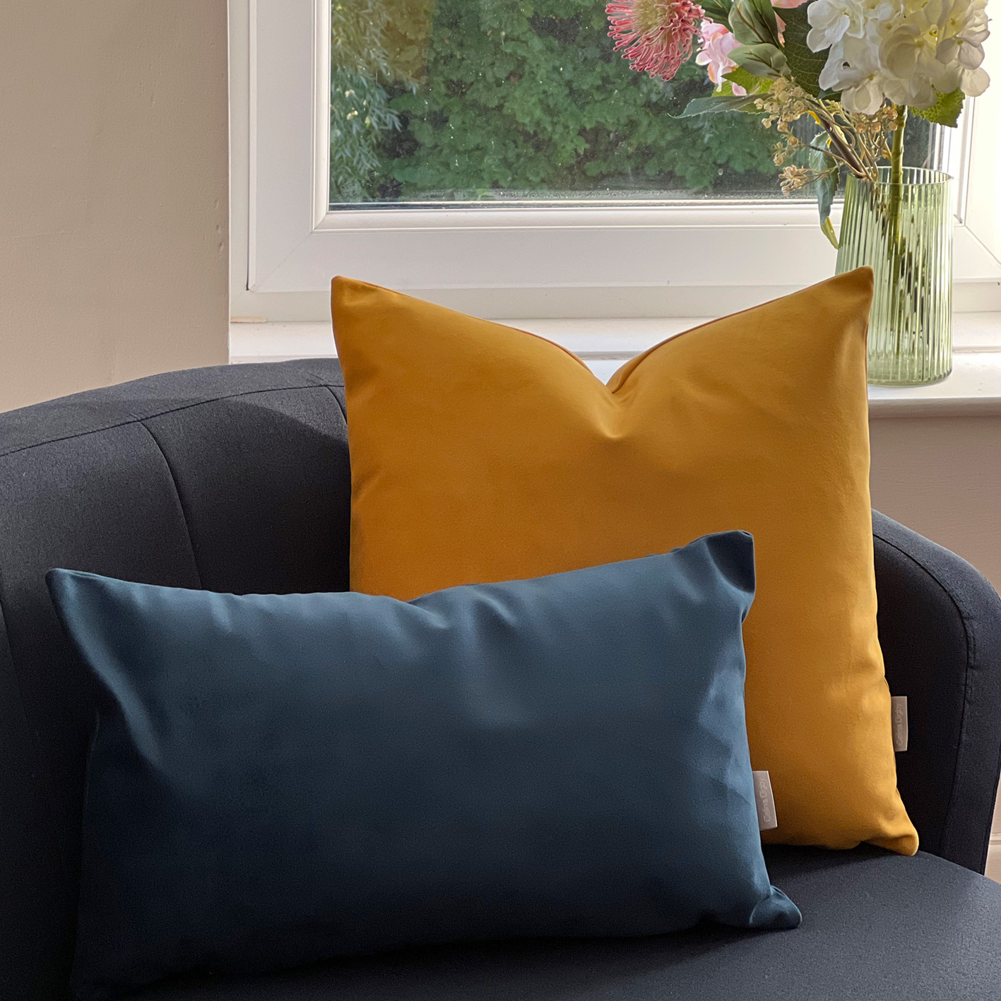 Pacific Blue with Mustard Cushions