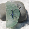 Christian Cross on a Surf Tumbled Sea Glass Ornament - Choose Your Color Sea Glass Frosted,  Green, and Brown - Made to Order