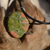 Unakite Jasper Palm Stone Hand Wire Wrapped on a Leather Thong Necklace