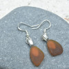 Pair of Genuine Surf Tumbled Dangling Brown Sea Glass Earrings