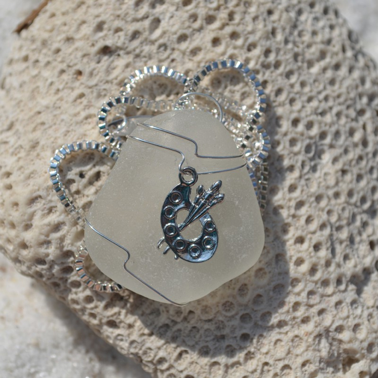 Custom Handmade Genuine Sea Glass Necklace with a Silver Paint Palette Charm - Choose the Color - Frosted, Green, Brown, or Aqua