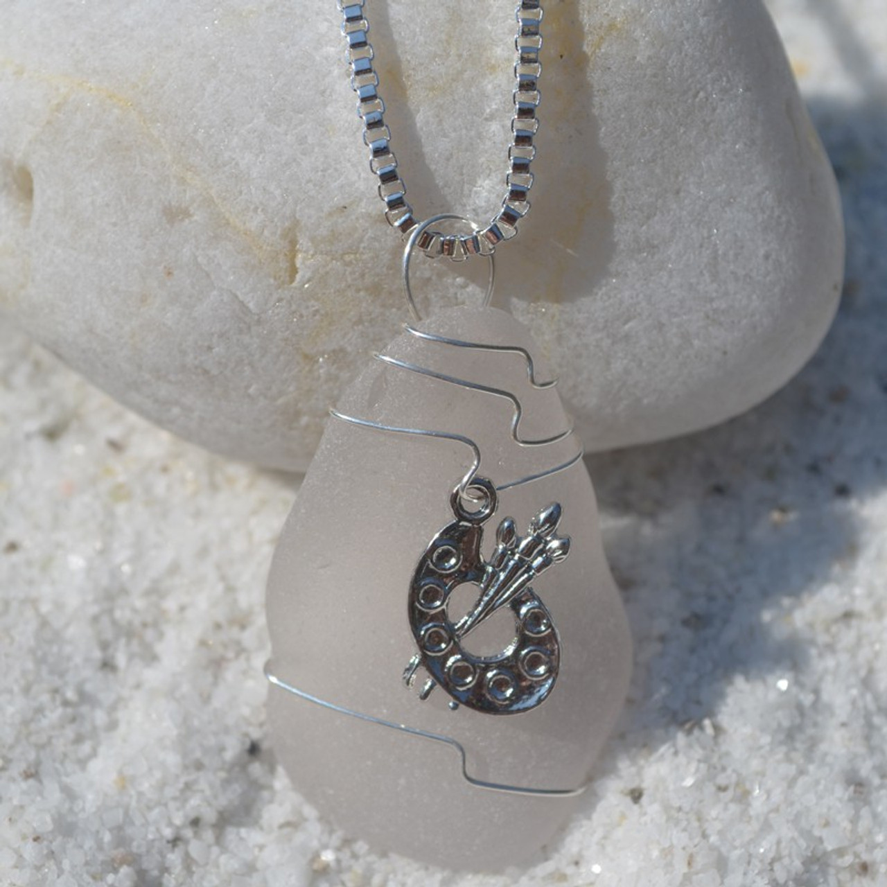 Custom Handmade Genuine Sea Glass Necklace with a Silver Paint Palette Charm - Choose the Color - Frosted, Green, Brown, or Aqua