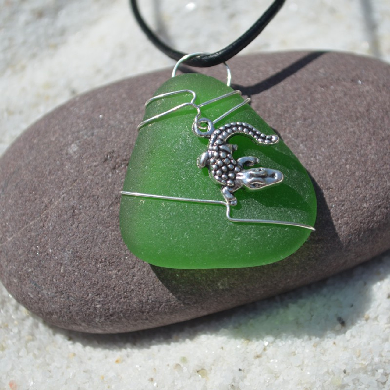 Custom Handmade Genuine Sea Glass Necklace with a Silver Alligator Charm - Choose the Color - Frosted, Green, Brown, or Aqua