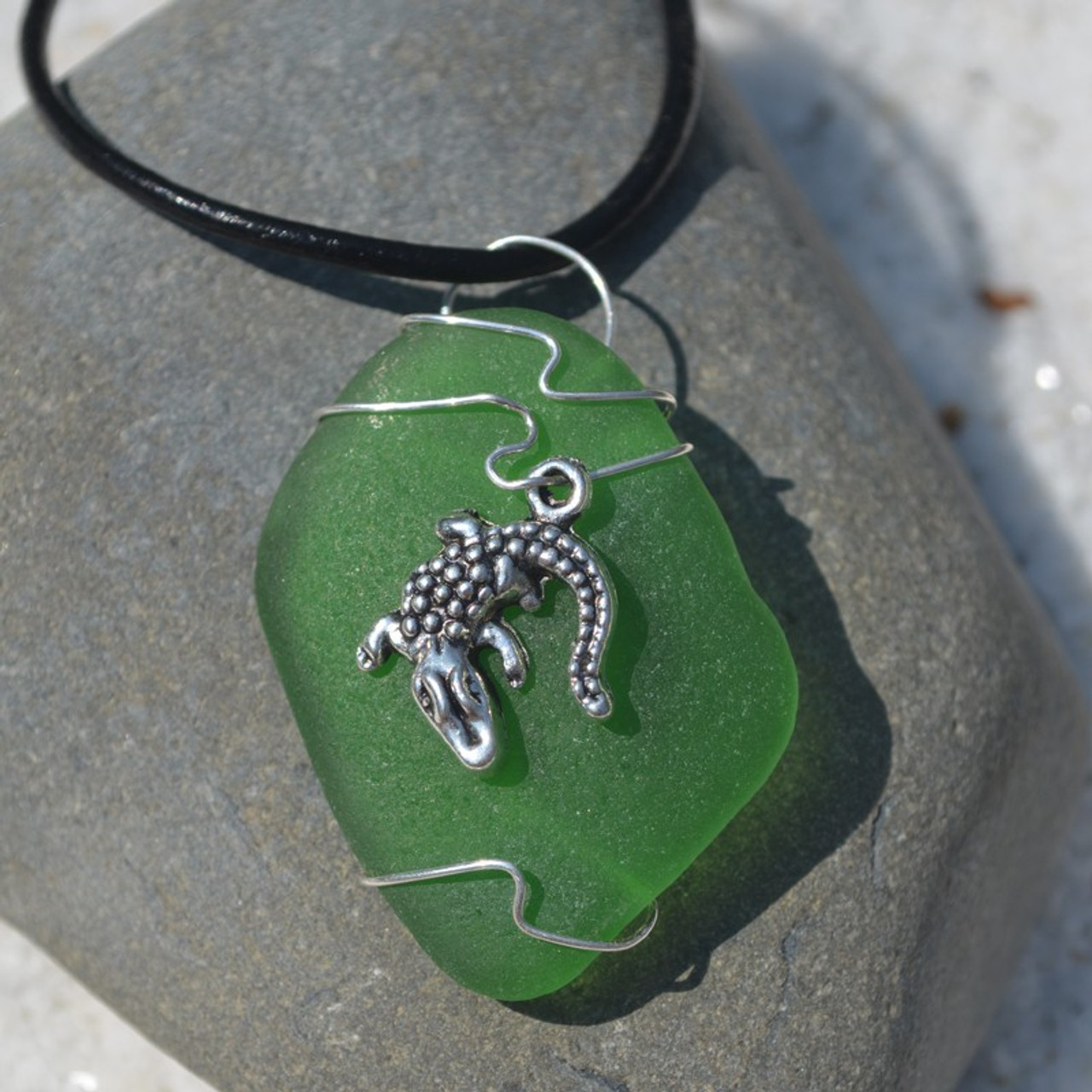 Custom Handmade Genuine Sea Glass Necklace with a Silver Alligator Charm - Choose the Color - Frosted, Green, Brown, or Aqua