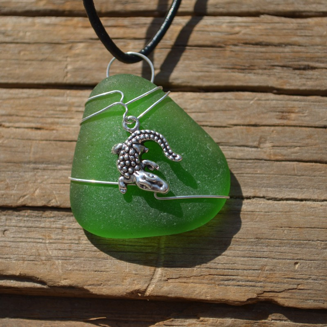 Custom Handmade Genuine Sea Glass Necklace with a Silver Alligator Charm - Choose the Color - Frosted, Green, Brown, or Aqua