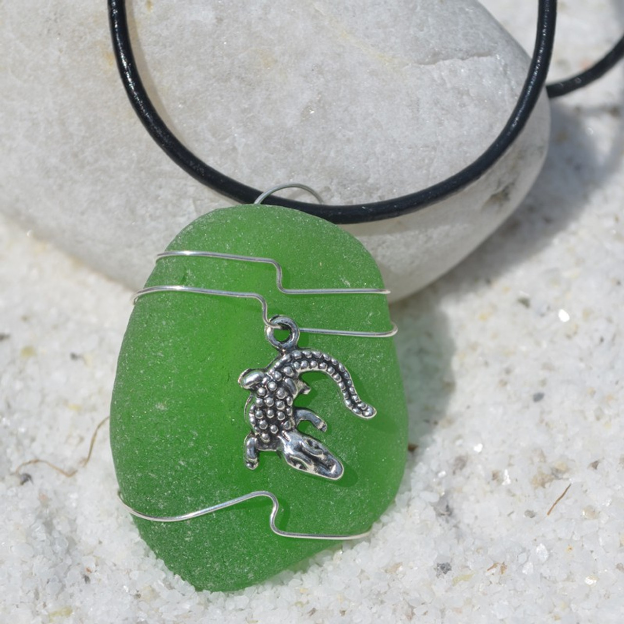 Custom Handmade Genuine Sea Glass Necklace with a Silver Alligator Charm - Choose the Color - Frosted, Green, Brown, or Aqua