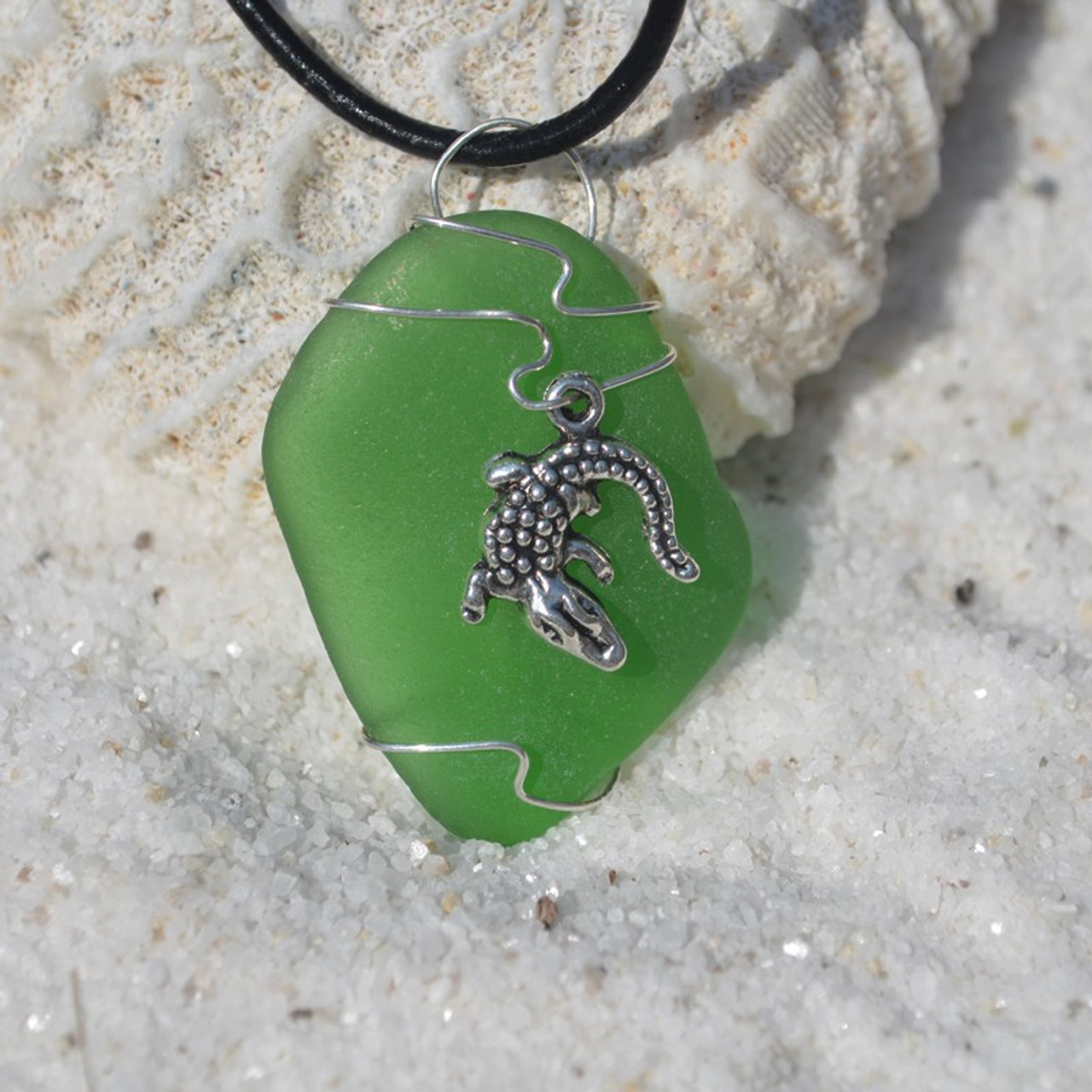 Custom Handmade Genuine Sea Glass Necklace with a Silver Alligator Charm - Choose the Color - Frosted, Green, Brown, or Aqua