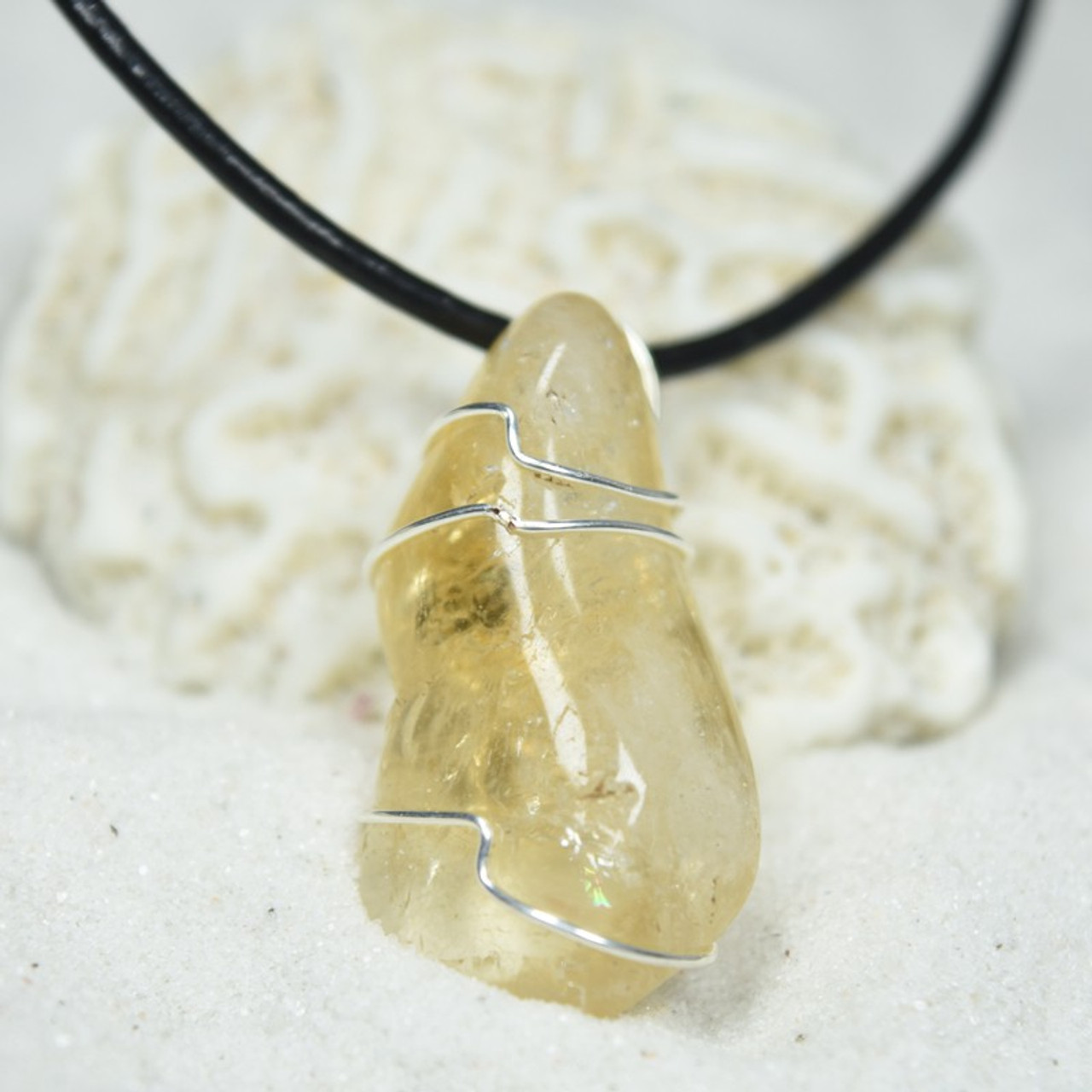 Custom Tumbled Citrine Stone Wire Wrapped Necklace - Choose Sterling Silver Chain or Leather Cord - Quantity of 1