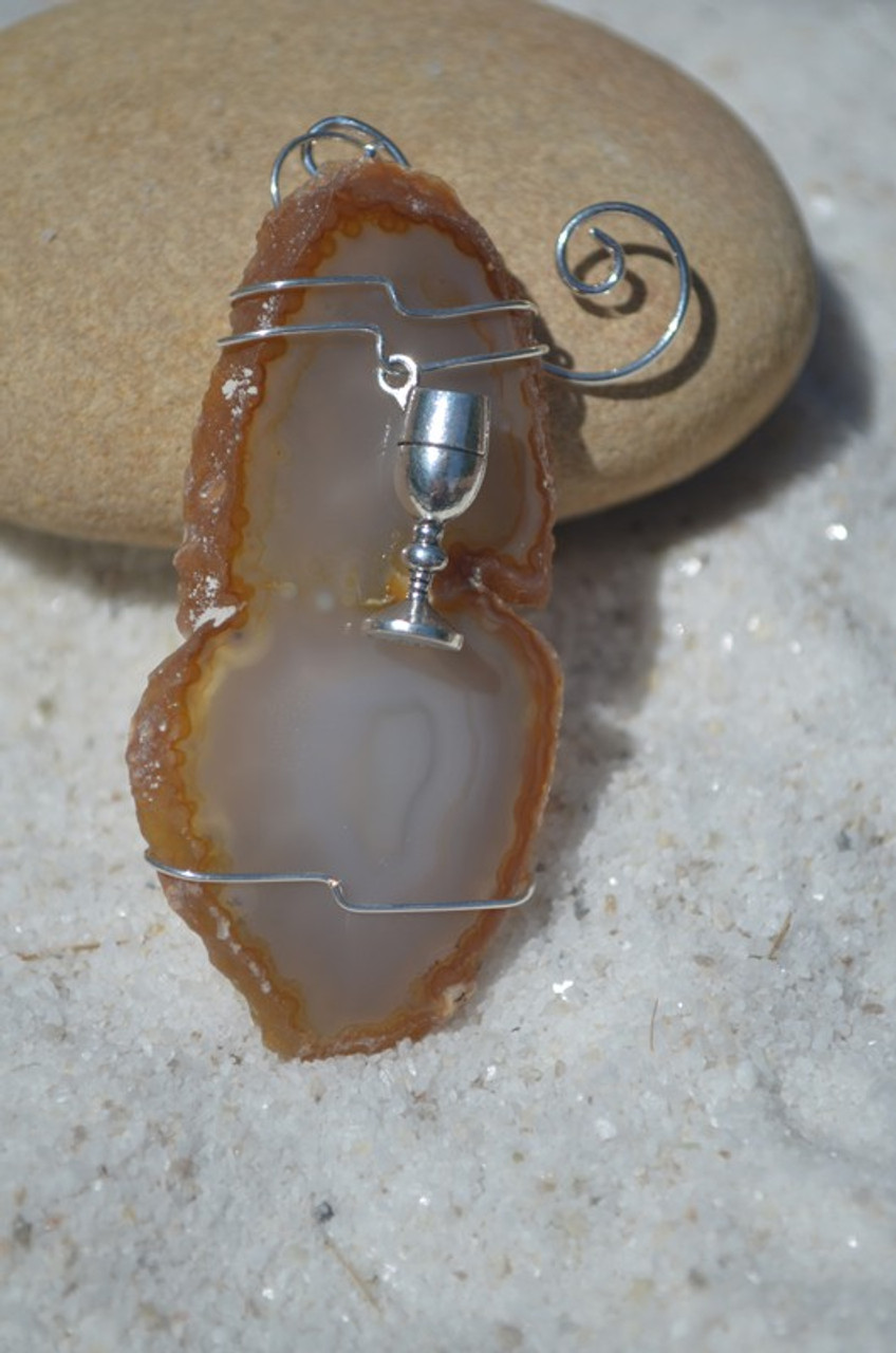 Custom Handmade Agate Slice Ornament with Silver Wiccan Chalice Charm - Choose Your Agate Slice Color