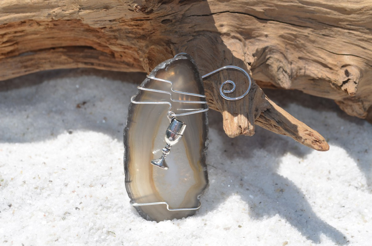 Custom Handmade Agate Slice Ornament with Silver Wiccan Chalice Charm - Choose Your Agate Slice Color