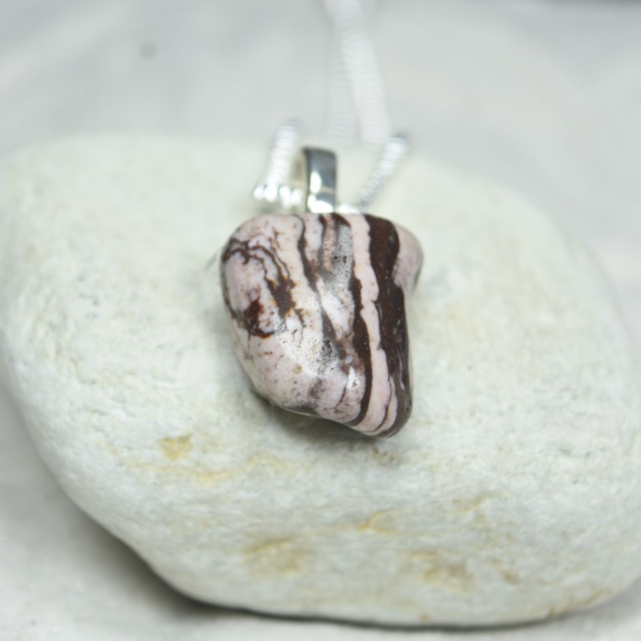 Custom Tumbled Brown Zebra Jasper Stone Necklace - Choose Sterling Silver Chain or Leather Cord - Quantity of 1