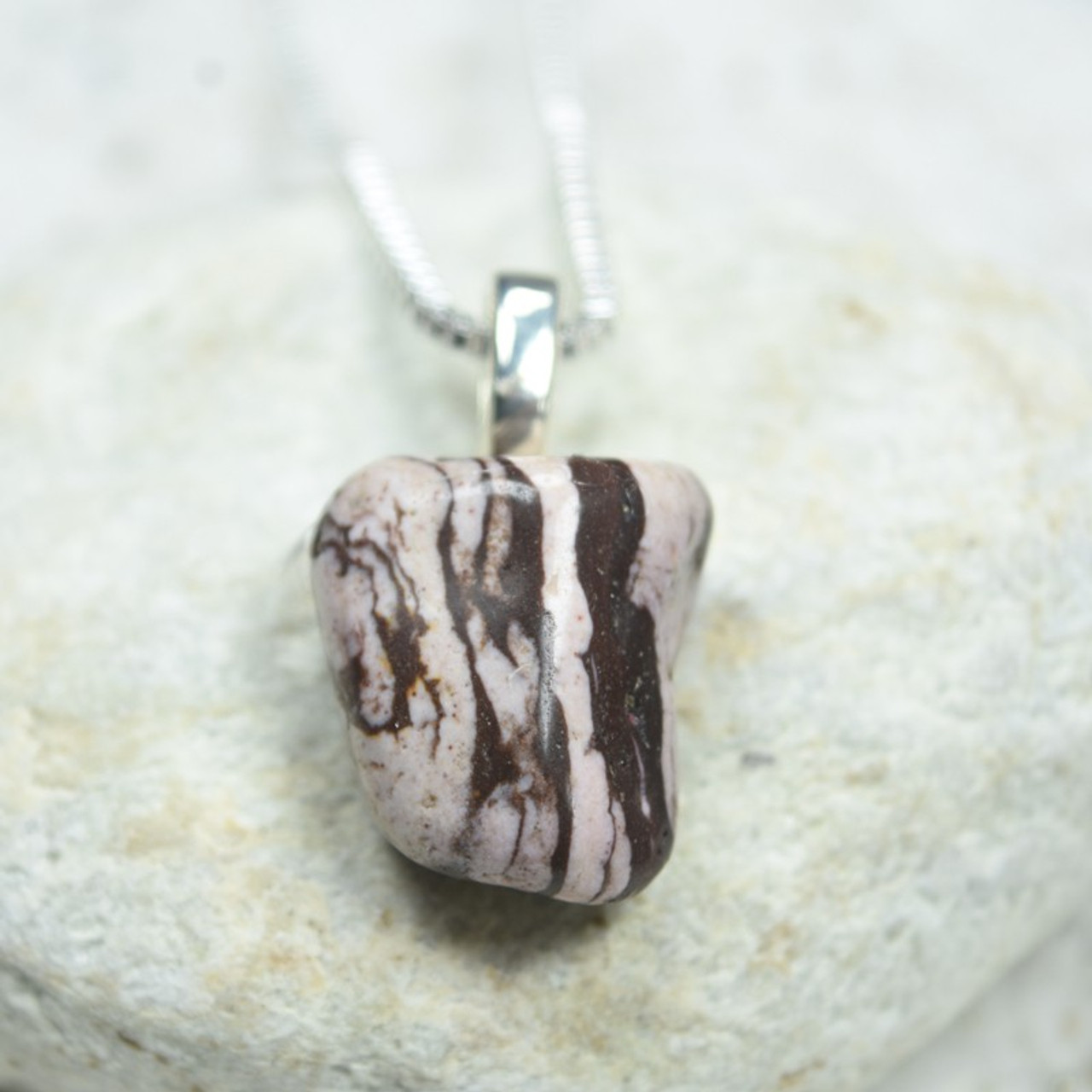 Custom Tumbled Brown Zebra Jasper Stone Necklace - Choose Sterling Silver Chain or Leather Cord - Quantity of 1