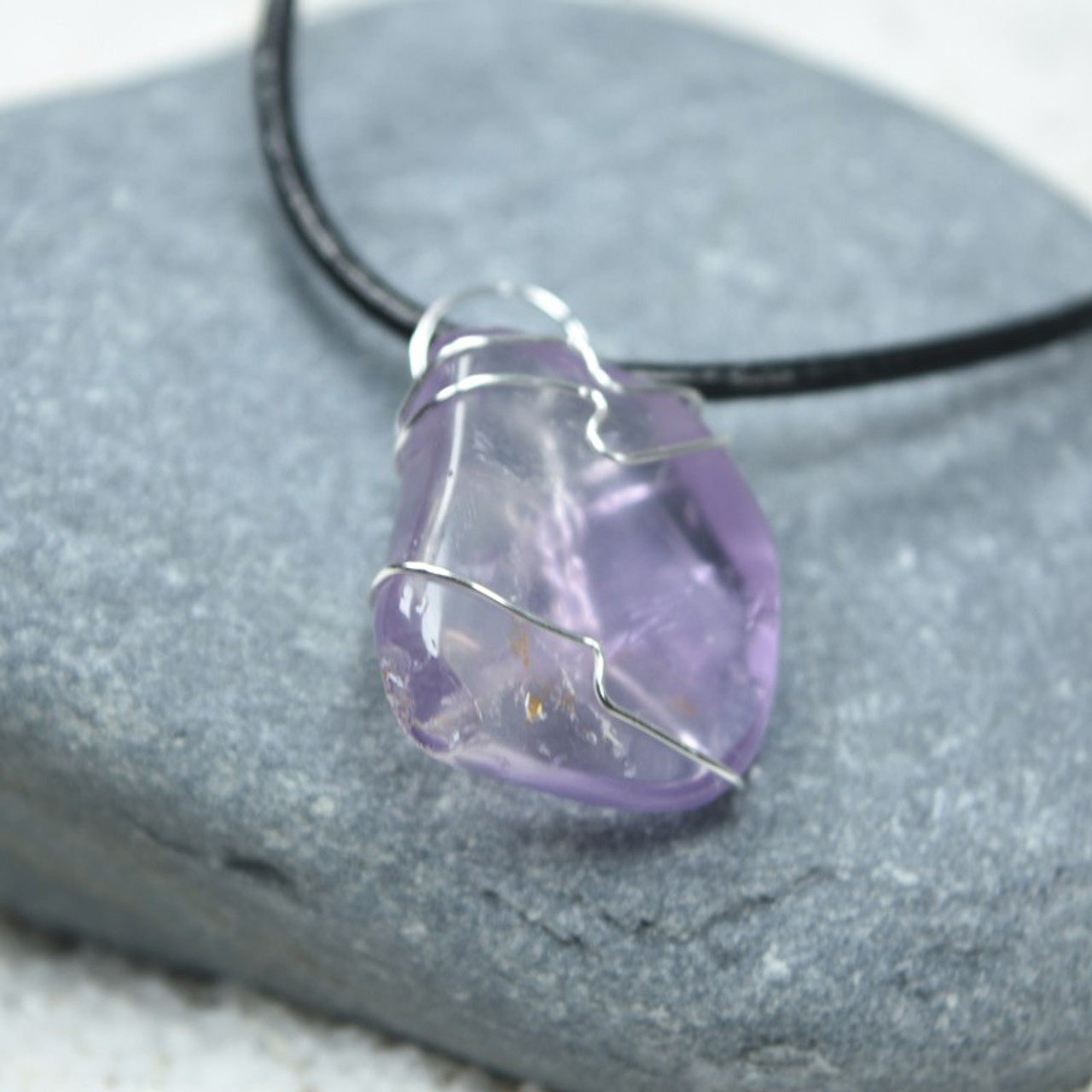 Custom Tumbled Lavender Amethyst Wire Wrapped Stone Necklace - Choose Sterling Silver Chain or Leather Cord - Quantity of 1