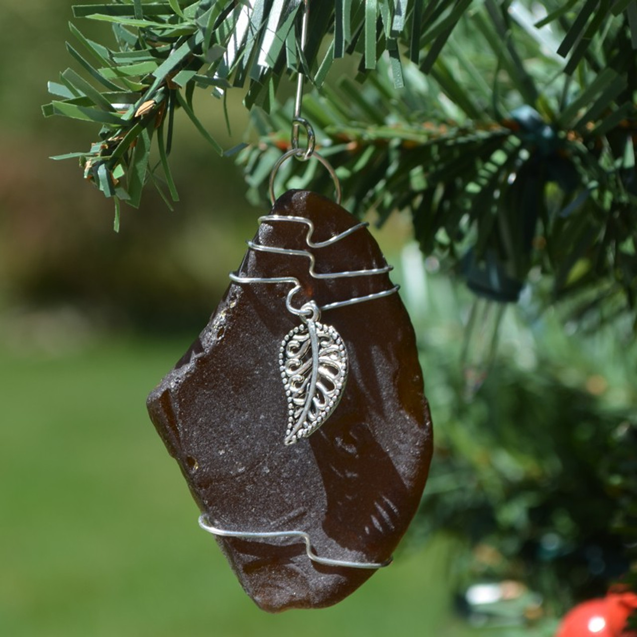 Silver Leaf Charm on a Surf Tumbled Sea Glass Ornament - Choose Your Color Sea Glass Frosted, Green, and Brown - Made to Order
