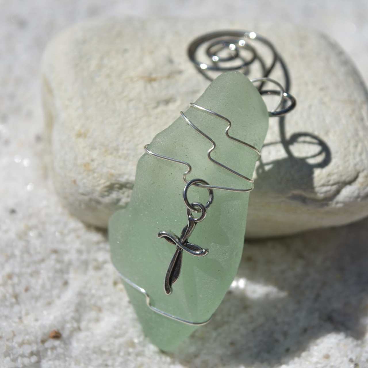 Christian Cross on a Surf Tumbled Sea Glass Ornament - Choose Your Color Sea Glass Frosted,  Green, and Brown - Made to Order