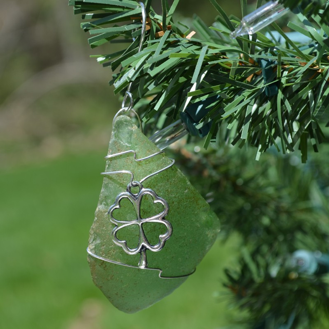 Shamrock on a Surf Tumbled Sea Glass Ornament - Choose Your Color Sea Glass Frosted, Green, and Brown - Made to Order