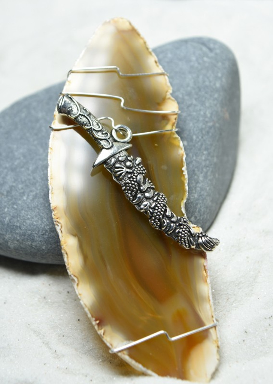 Agate Slice Ornament with Silver Fancy Dagger Charm - Choose Your Agate Slice Color - Made to Order