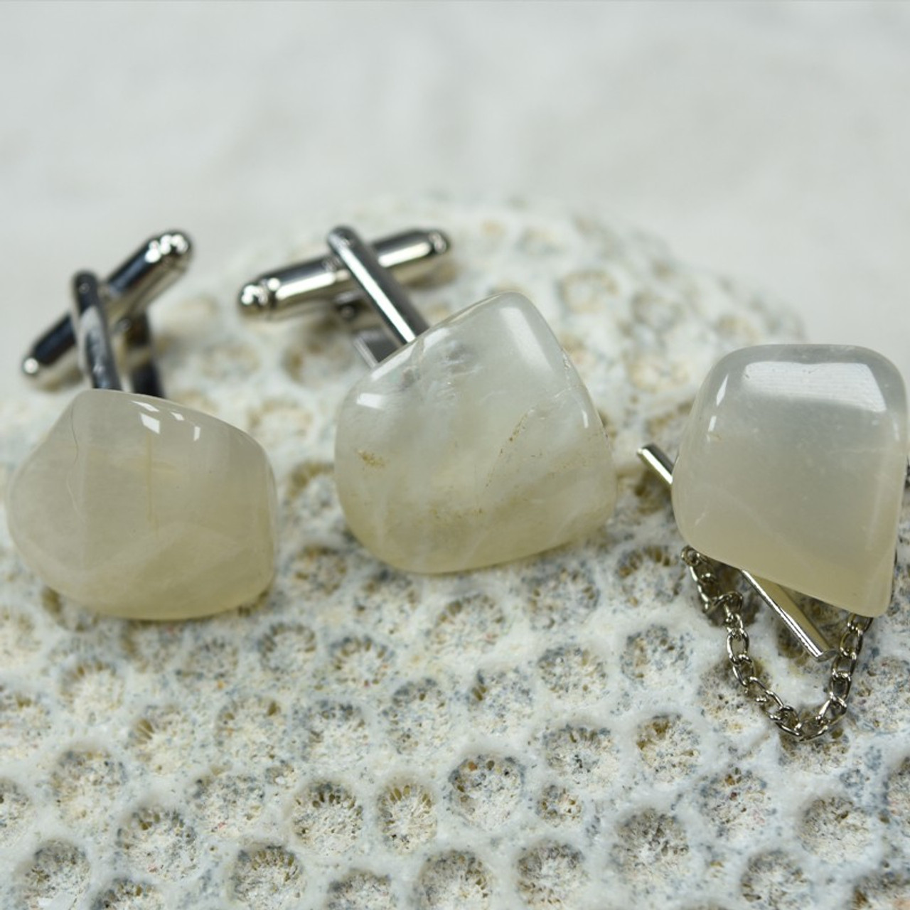 Moonstone Cufflinks and Tie Tack Set