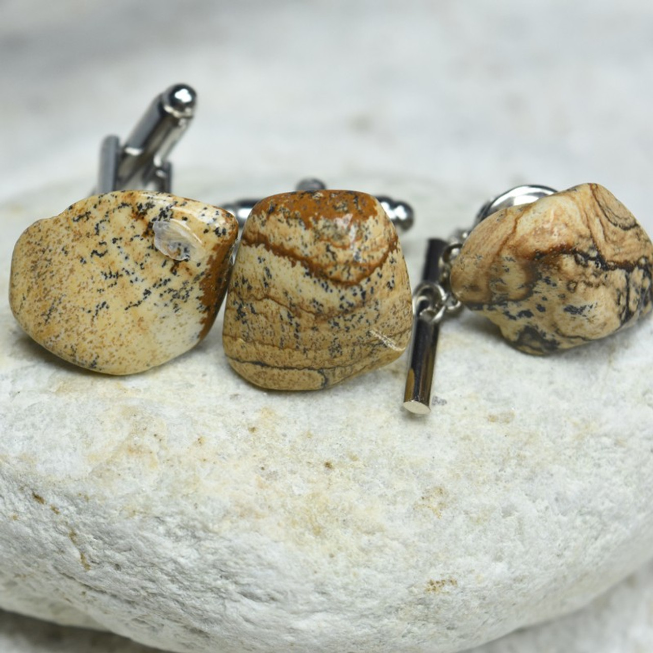 Tumbled Picture Jasper Stone Cufflinks and Tie Tack Set