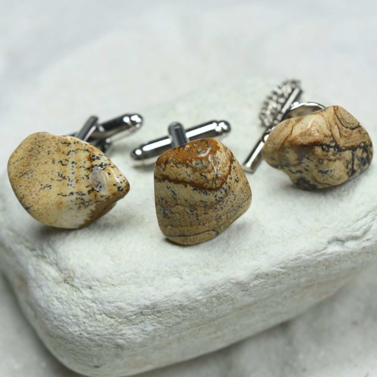 Picture Jasper Stone Cufflinks and Tie Tack Set