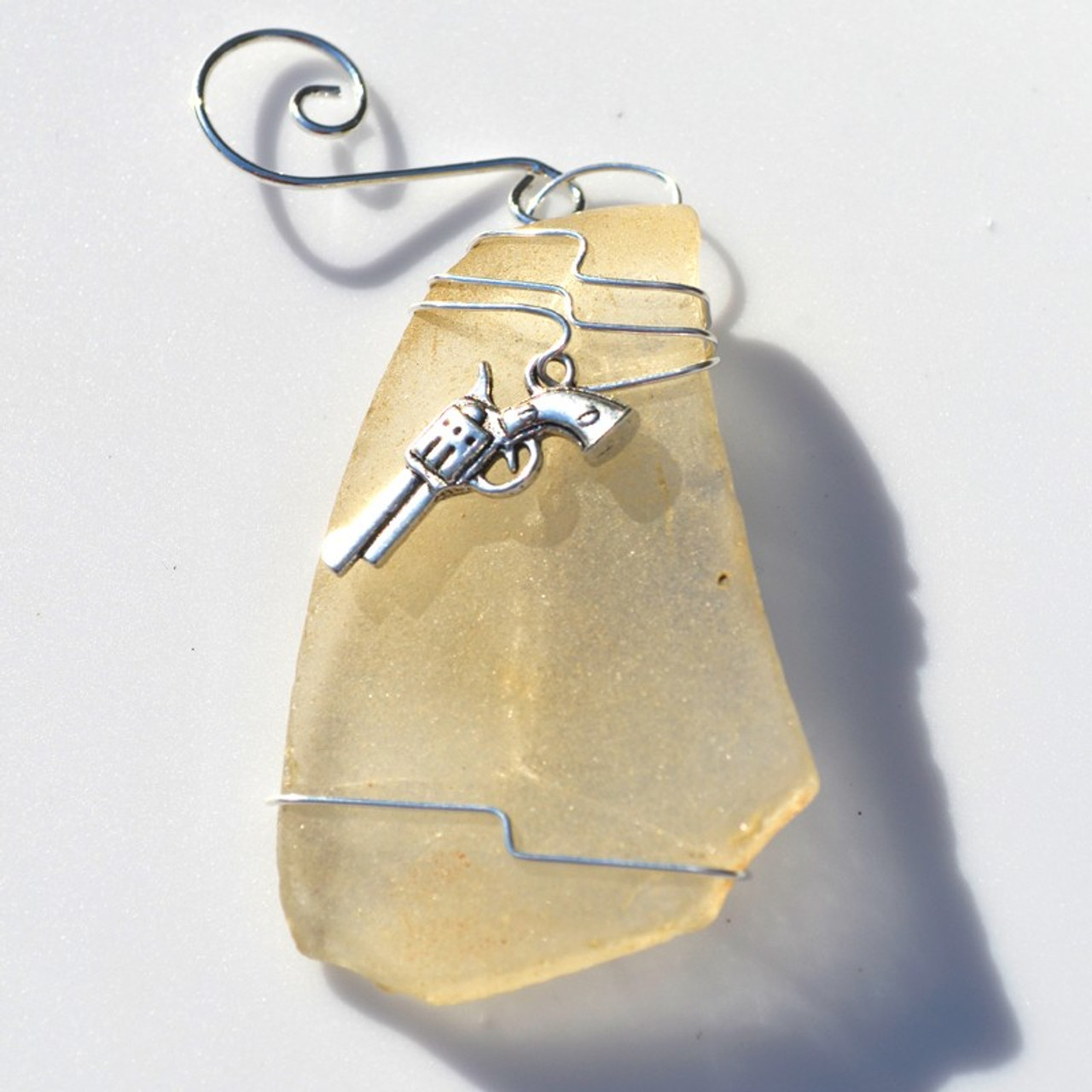 Surf Tumbled Sea Glass Ornament with a Handgun Charm - Choose Your Color Sea Glass Frosted, Green, and Brown - Made to Order