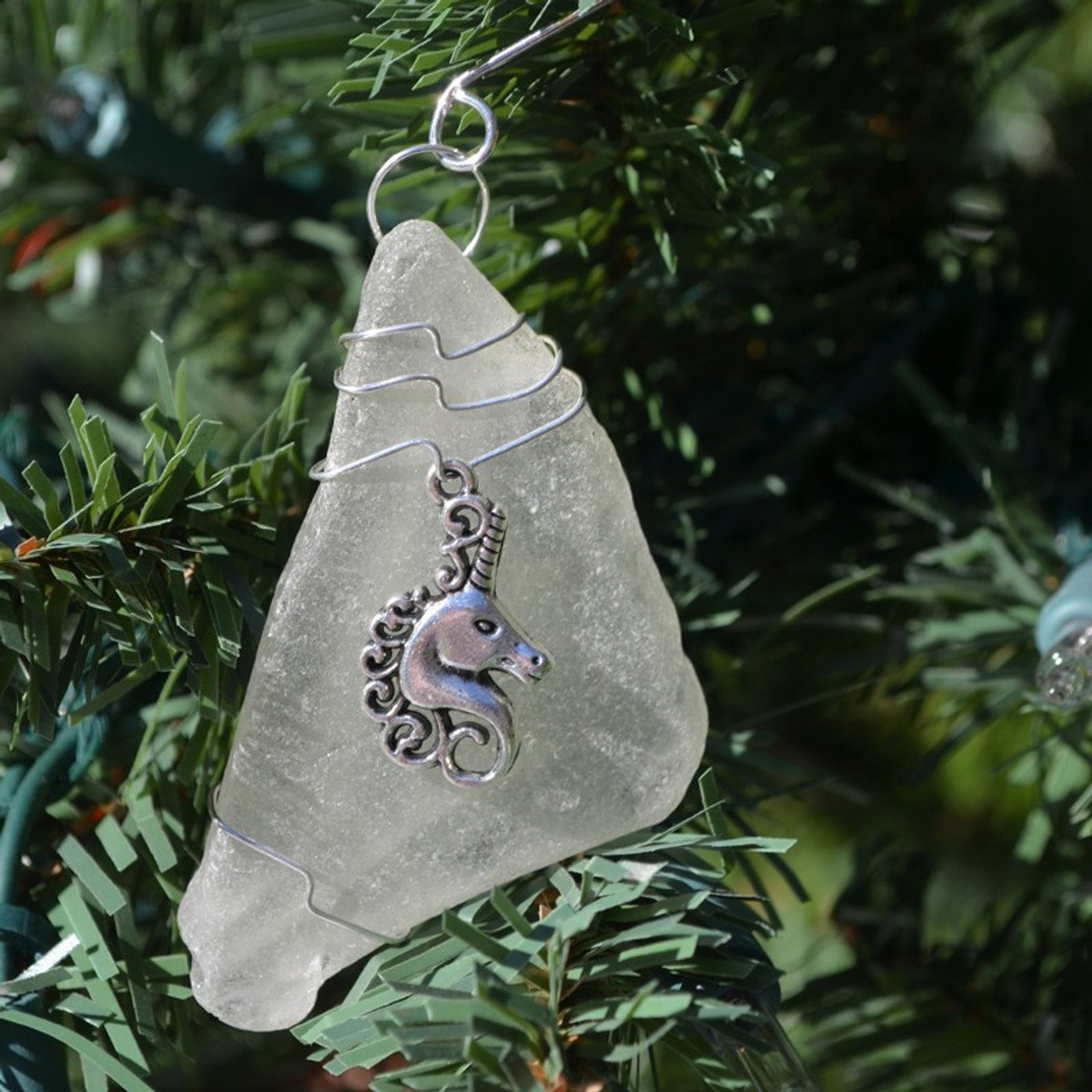 Unicorn Charm Wire Wrapped on a Surf Tumbled Sea Glass Ornament - Choose Your Color Sea Glass Frosted, Green, and Brown - Made to Order