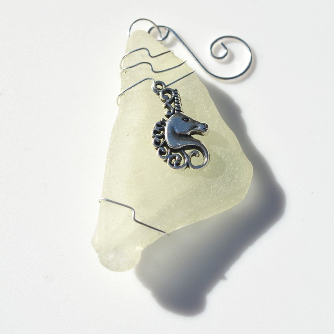 Unicorn Charm Wire Wrapped on a Surf Tumbled Sea Glass Ornament - Choose Your Color Sea Glass Frosted, Green, and Brown - Made to Order