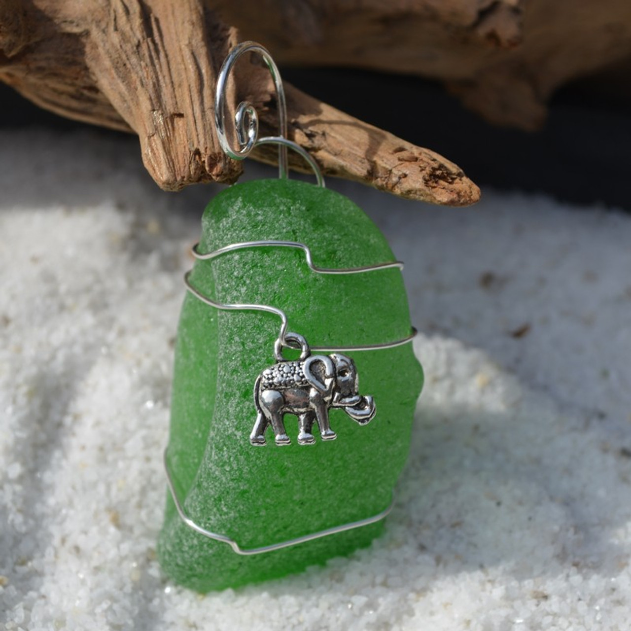 Elephant Charm on a Surf Tumbled Sea Glass Ornament - Choose Your Color Sea Glass Frosted, Green, and Brown - Made to Order