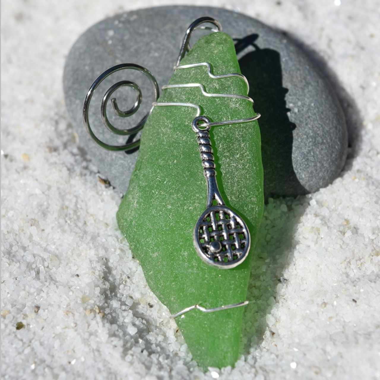 Tennis Player Charm Wire Wrapped on a Surf Tumbled Sea Glass Ornament - Choose Your Color Sea Glass Frosted, Green, and Brown - Made to Order