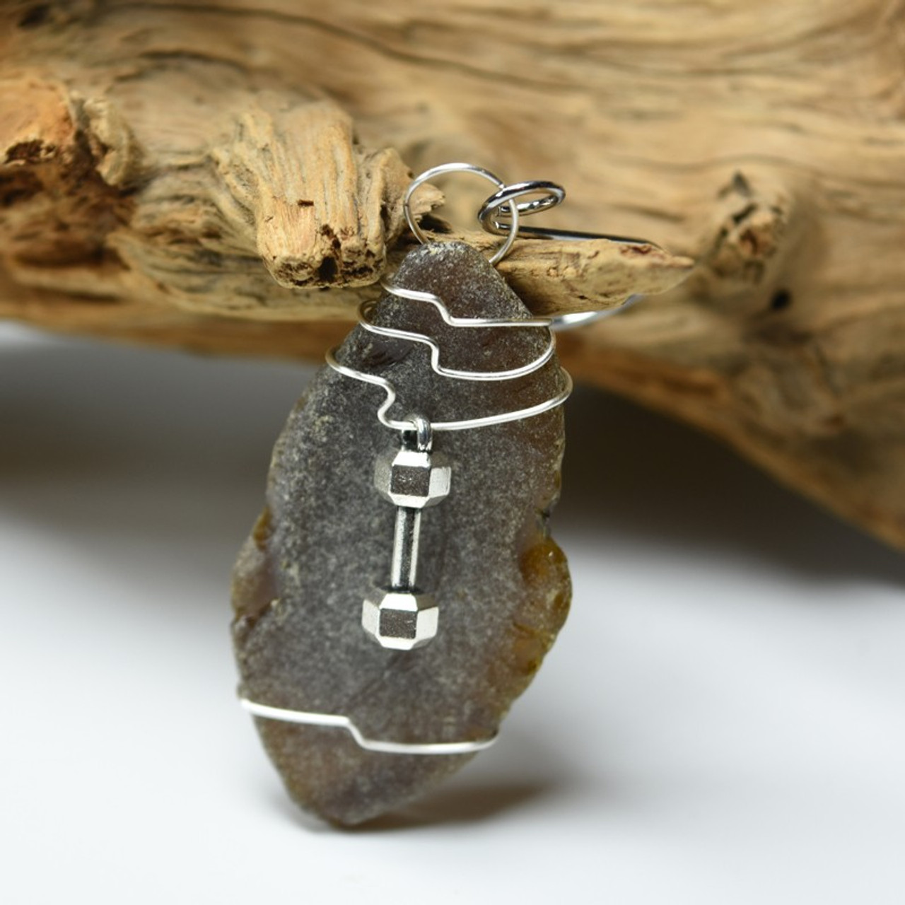 Weight Lifting Charm on a Surf Tumbled Sea Glass Ornament - Choose Your Color Sea Glass Frosted, Green, and Brown - Made to Order