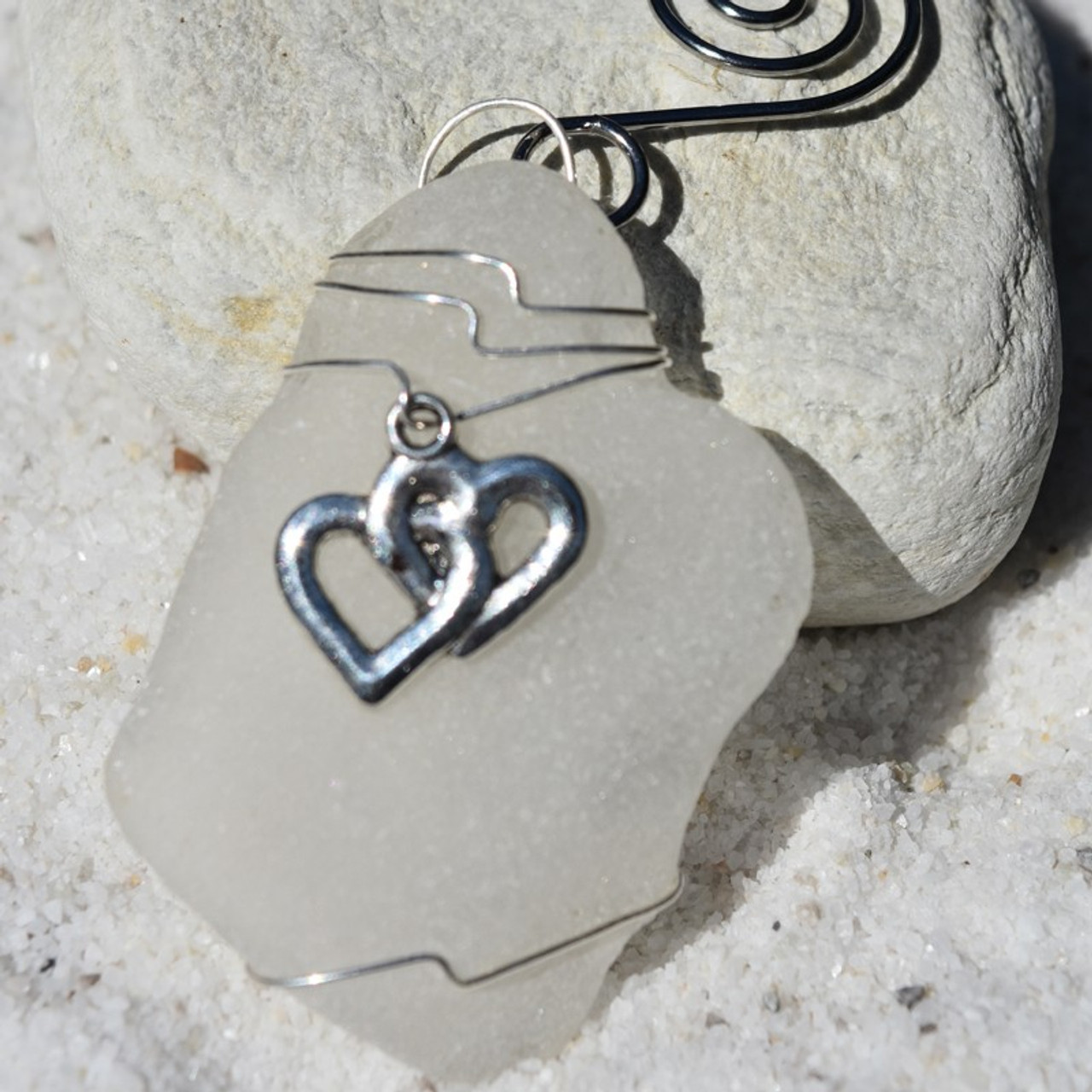 Double Hearts Charm on a Surf Tumbled Sea Glass Ornament - Choose Your Color Sea Glass Frosted, Green, and Brown - Made to Order