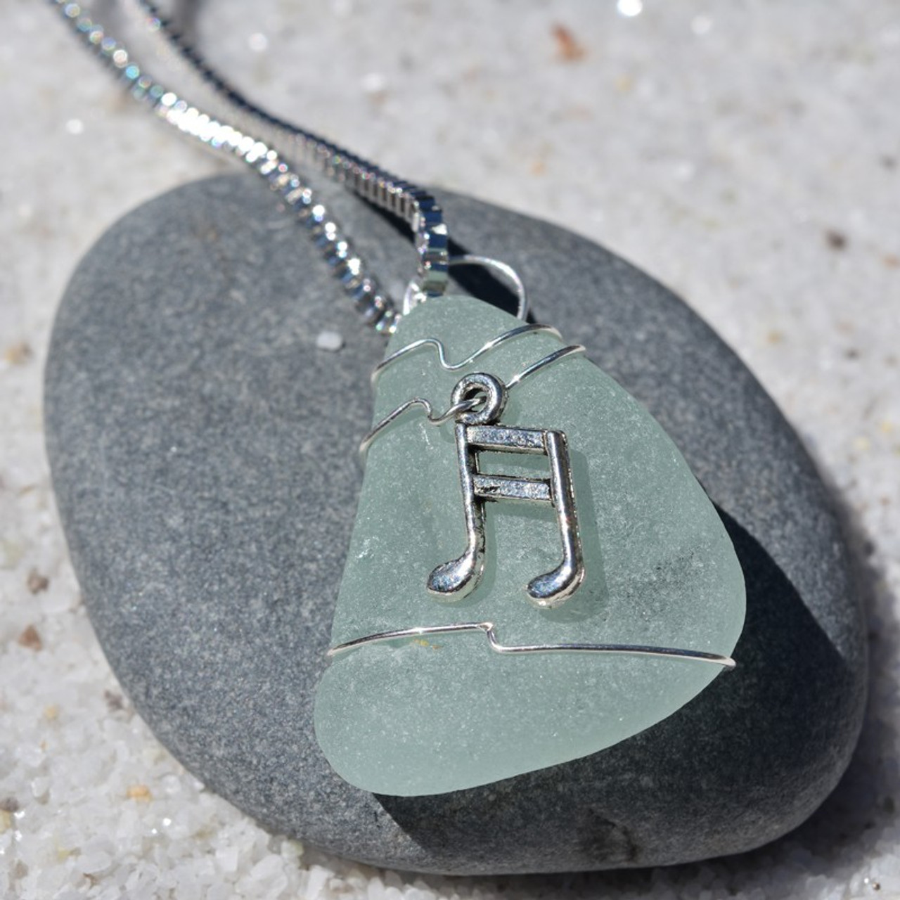 Wire Wrapped Sea Glass Musical Notes Pendant