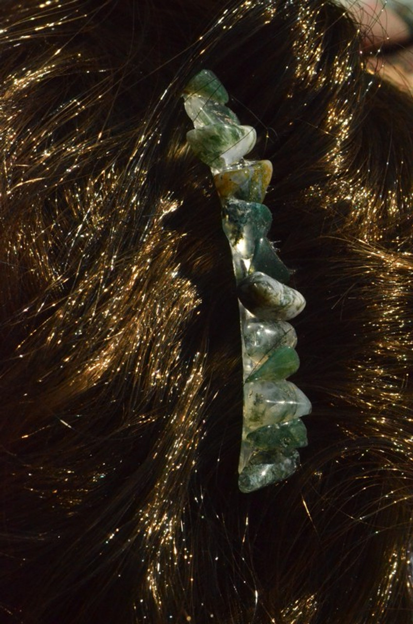 Moss Green Agate Stone Hair Combs 
