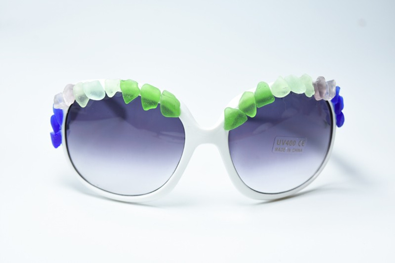 Large Over Sized Sunglasses Decorated with Rainbow Colored Surf Tumbled Sea Glass