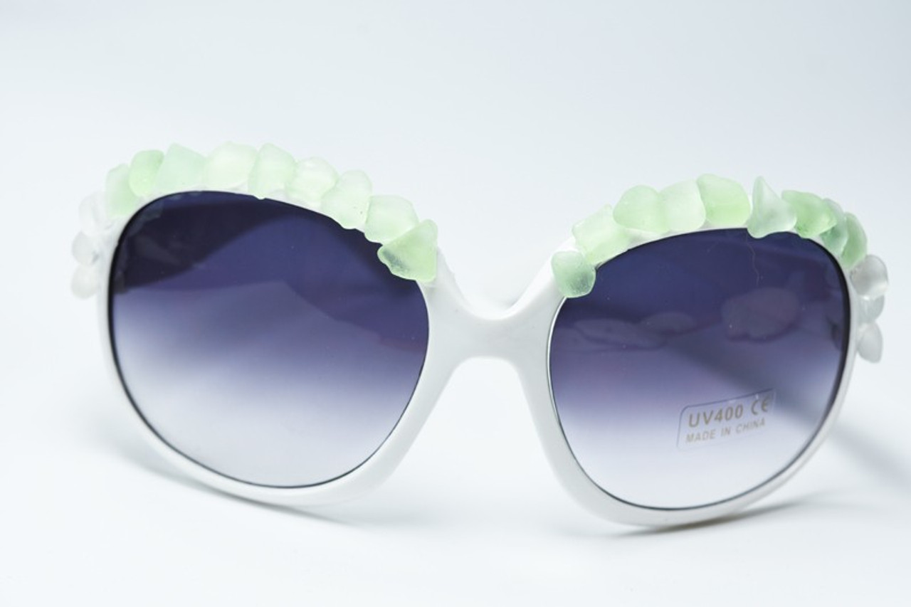 Large Over Sized Sunglasses Decorated with Surf Tumbled Aqua Sea Glass