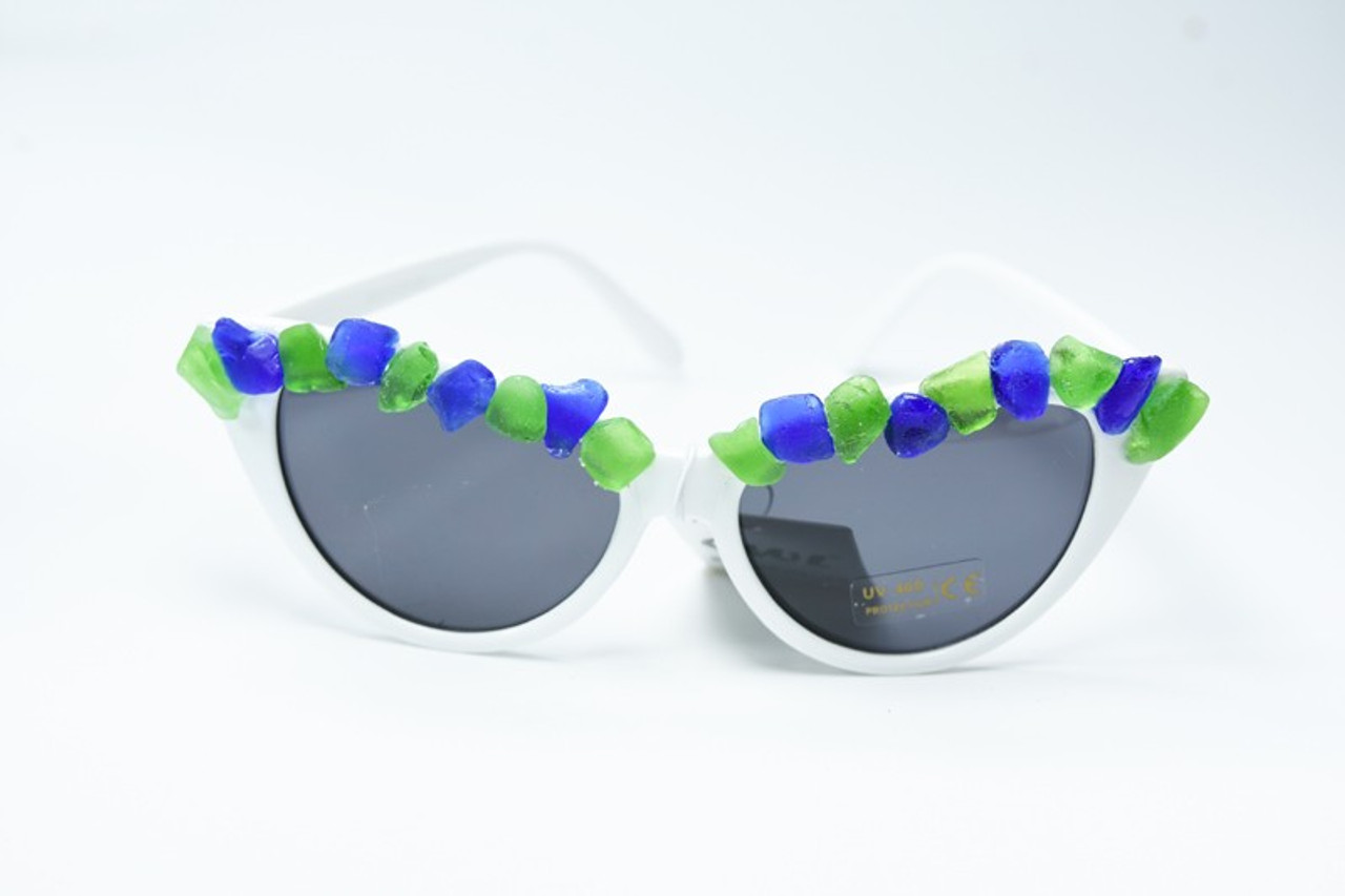 Genuine Blue and Green Sea Glass White Cat's Eye Sunglasses