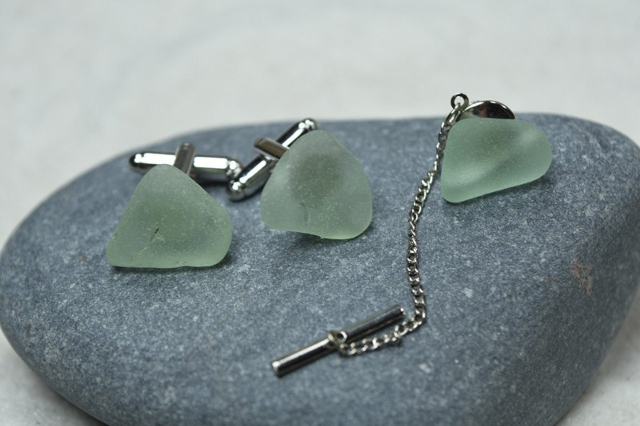 Aqua Sea Glass Cufflinks and Tie Tack