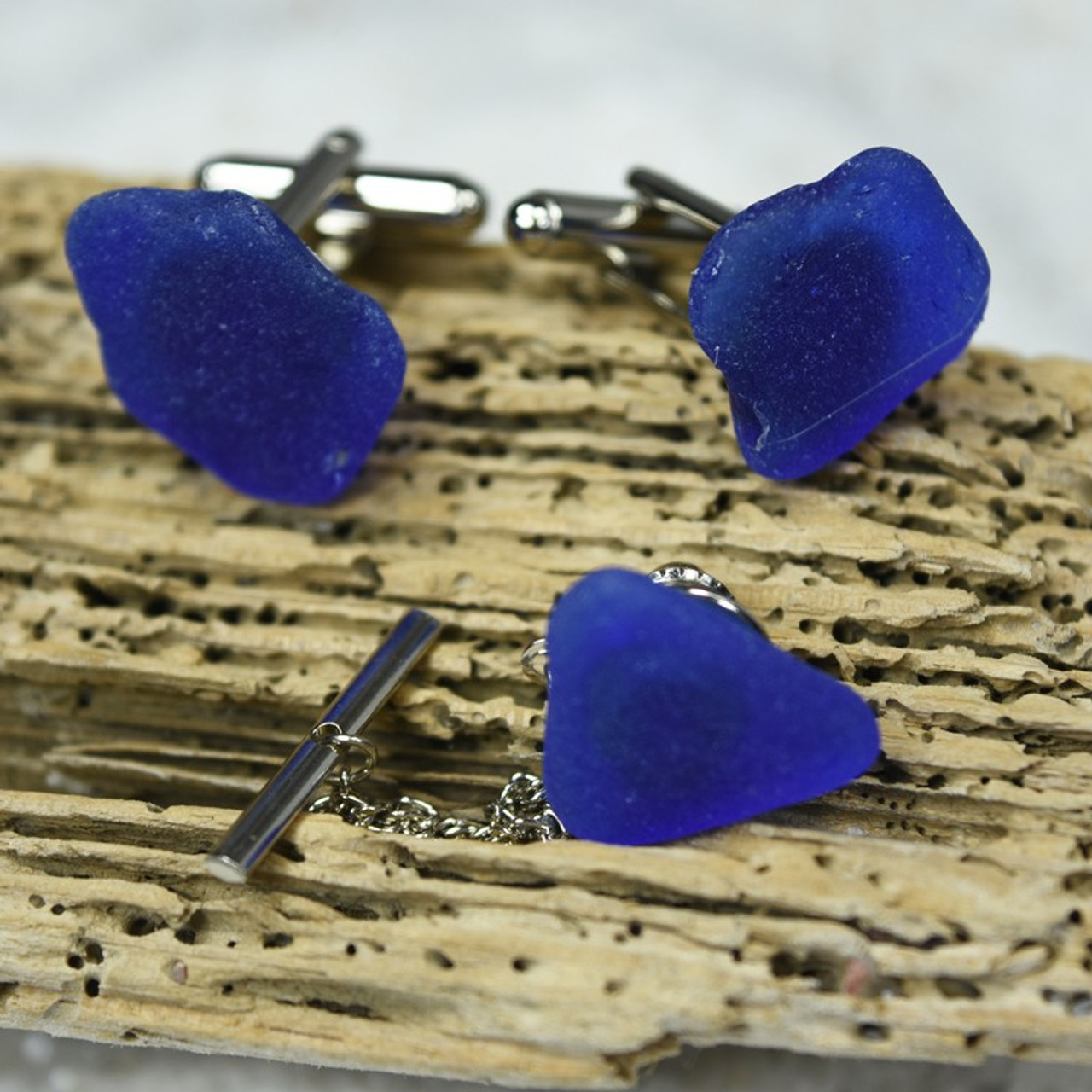 Blue Sea Glass Cufflinks and Tie Tack