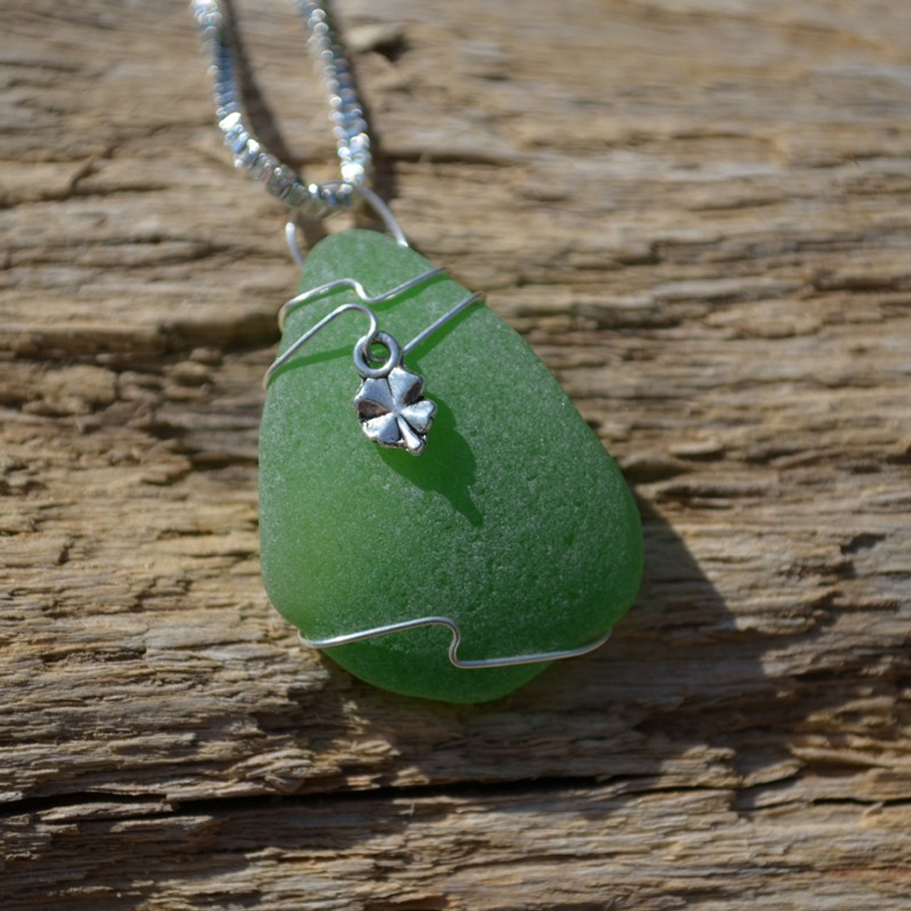 Sea Glass Necklace with a Silver Clover Charm - Made to Order