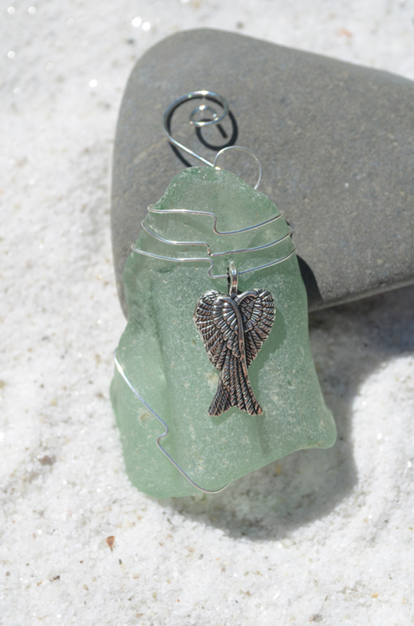 Angel Wings Charm on a Surf Tumbled Sea Glass Ornament - Choose Your Color Sea Glass Frosted, Olive Green, and Brown - Made to Order