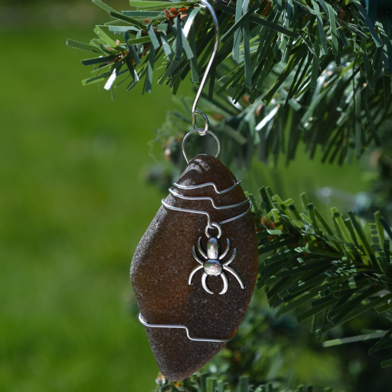 Sea Glass Ornament with a Spider Charm