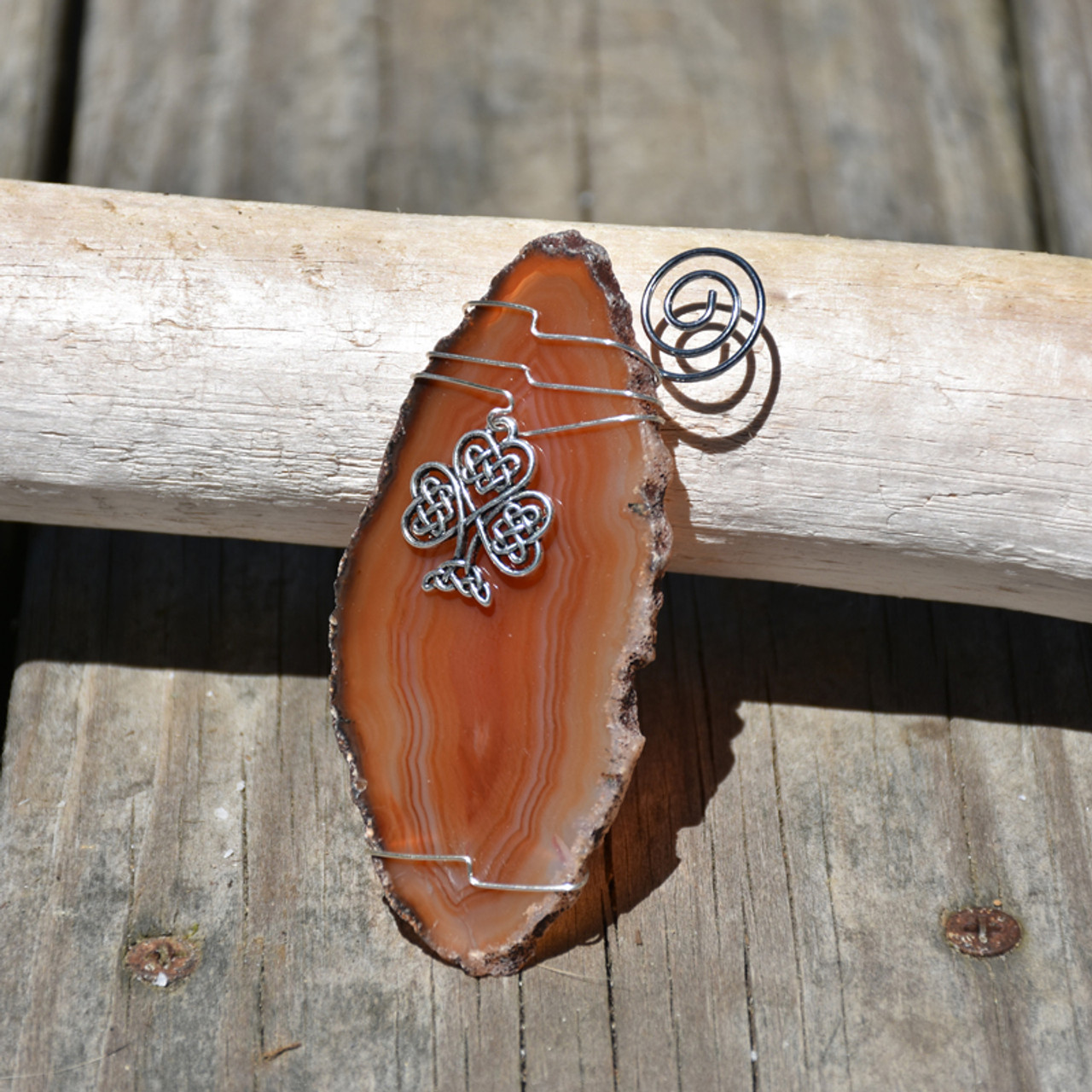Celtic Knot Shamrock Charm on a Wire Wrapped Agate Slice Ornament for St Patrick's Day - Choose Your Agate Slice Color- Made to Order