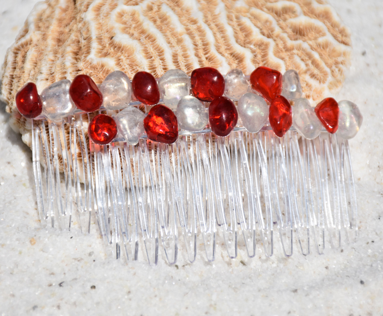 Red and White Stone Hair Combs