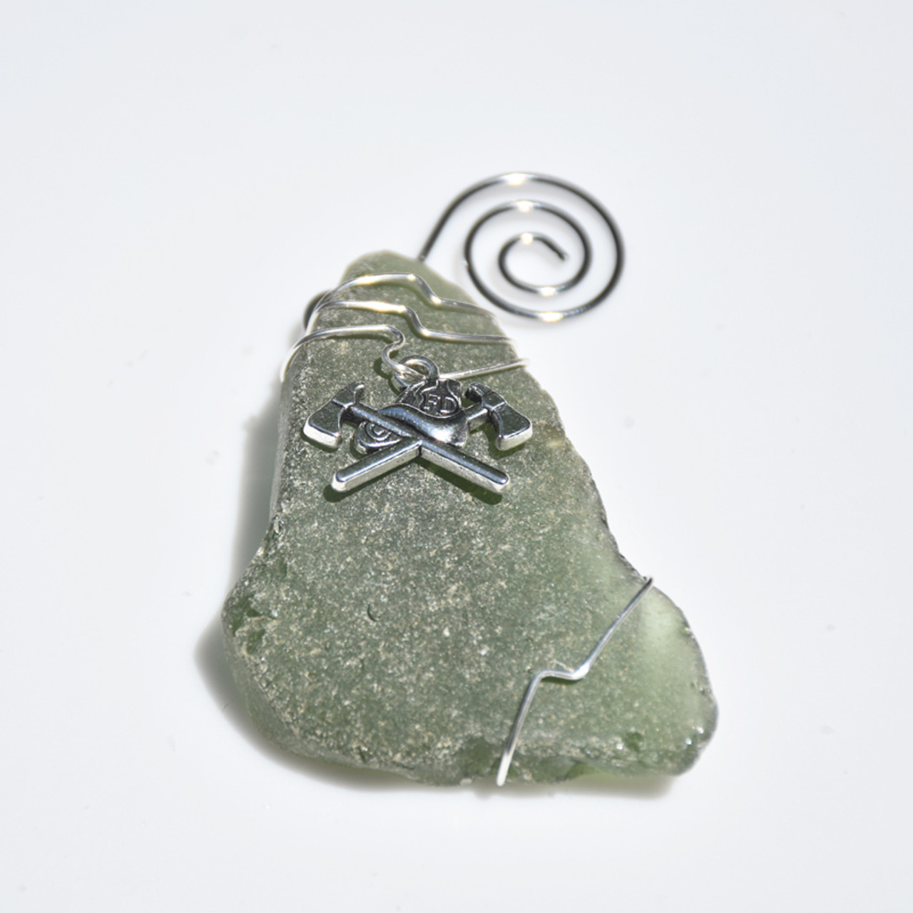 Firefighter Charm on a Surf Tumbled Sea Glass Ornament for Fireman or ...