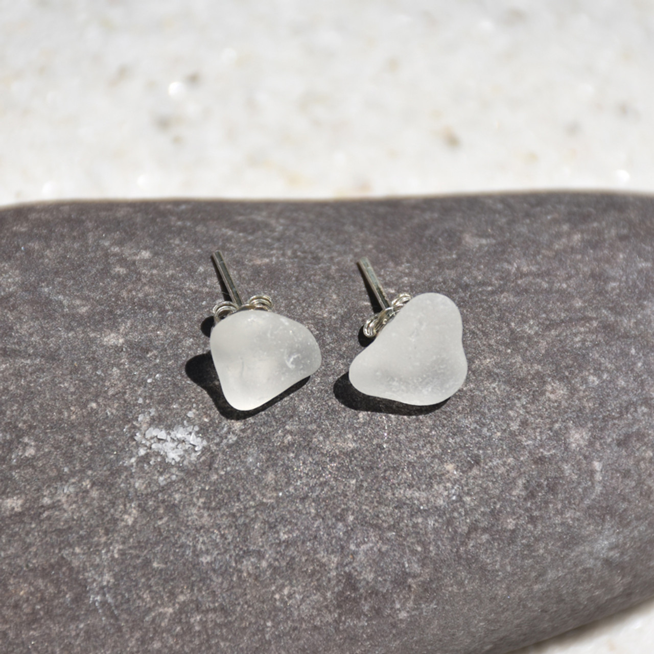 Small White Sea Glass Stud Earrings