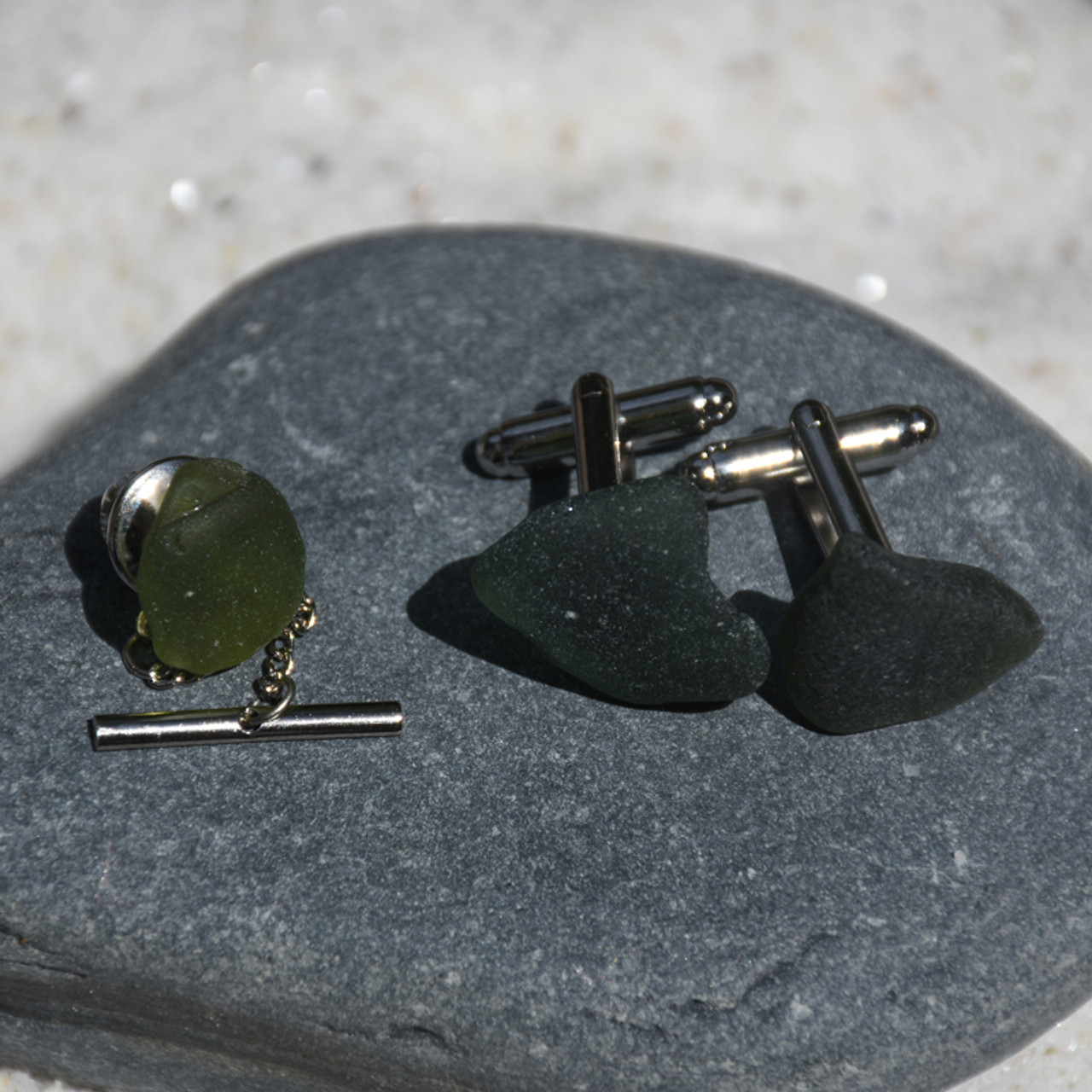 Olive Green Cufflinks and Tie Tack
