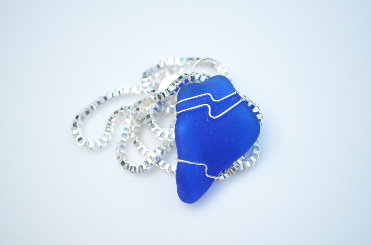 Surf Tumbled Blue Sea Glass Necklace